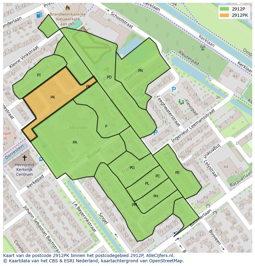 Afbeelding van het postcodegebied 2912 PK op de kaart.