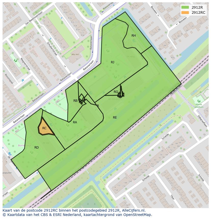 Afbeelding van het postcodegebied 2912 RC op de kaart.