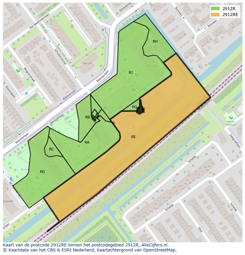 Afbeelding van het postcodegebied 2912 RE op de kaart.