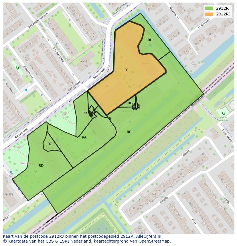 Afbeelding van het postcodegebied 2912 RJ op de kaart.