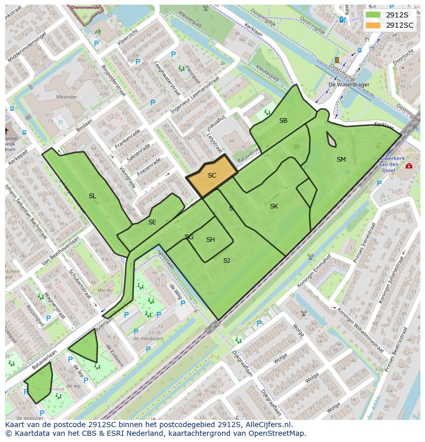Afbeelding van het postcodegebied 2912 SC op de kaart.