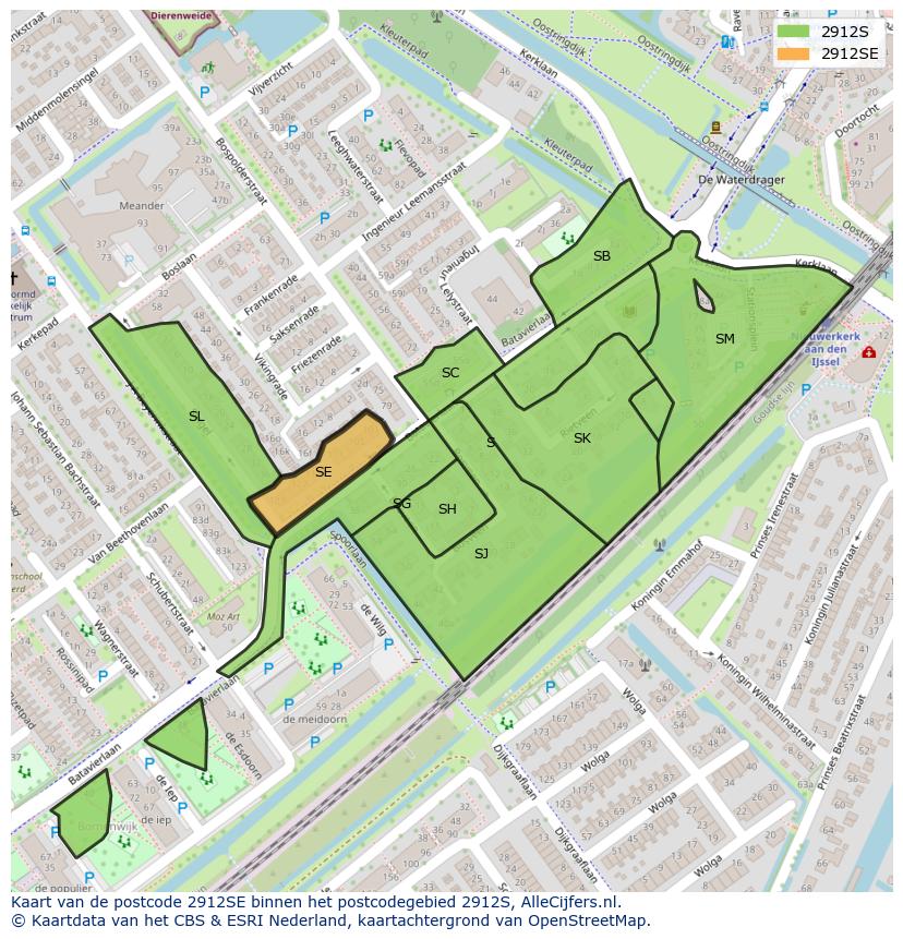 Afbeelding van het postcodegebied 2912 SE op de kaart.