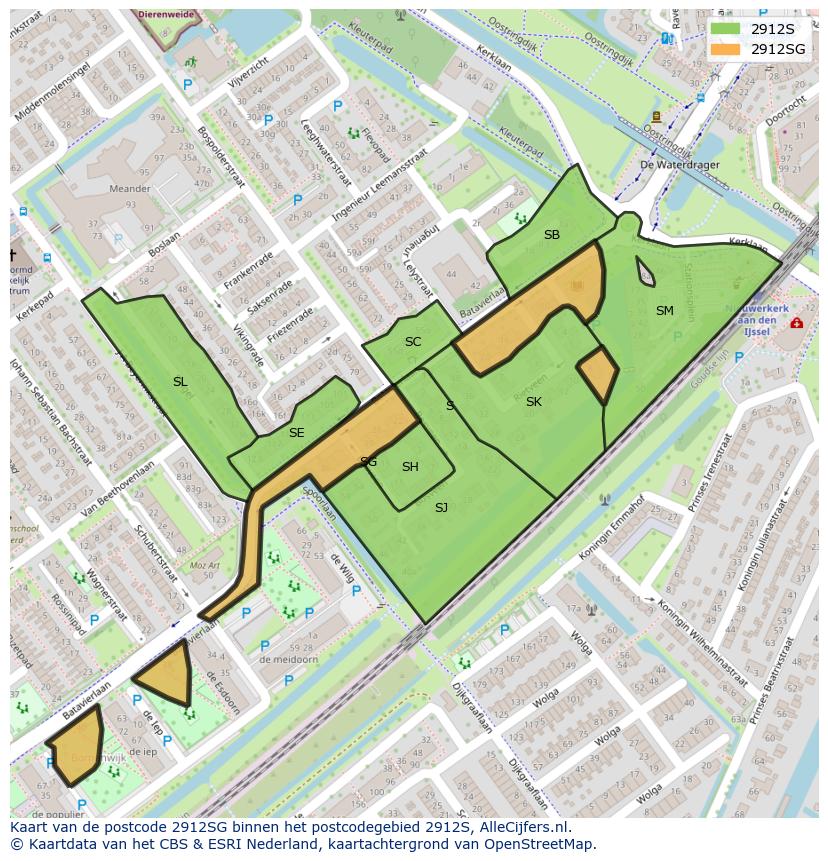 Afbeelding van het postcodegebied 2912 SG op de kaart.