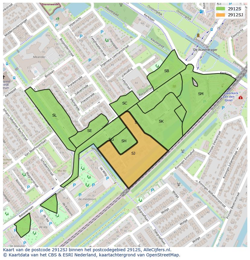 Afbeelding van het postcodegebied 2912 SJ op de kaart.