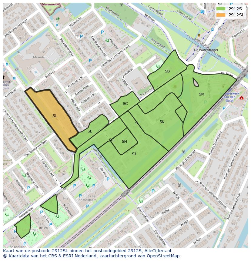 Afbeelding van het postcodegebied 2912 SL op de kaart.