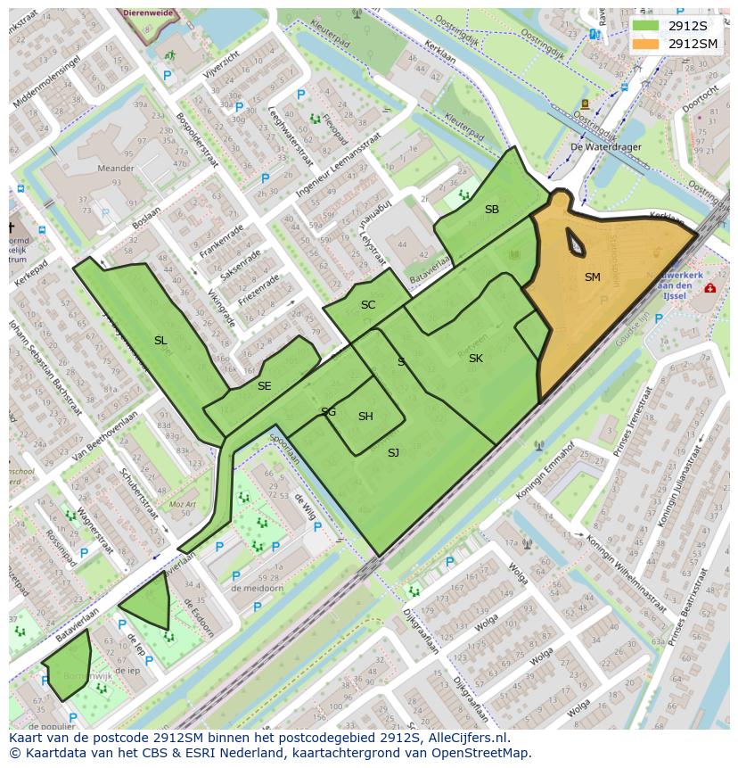 Afbeelding van het postcodegebied 2912 SM op de kaart.