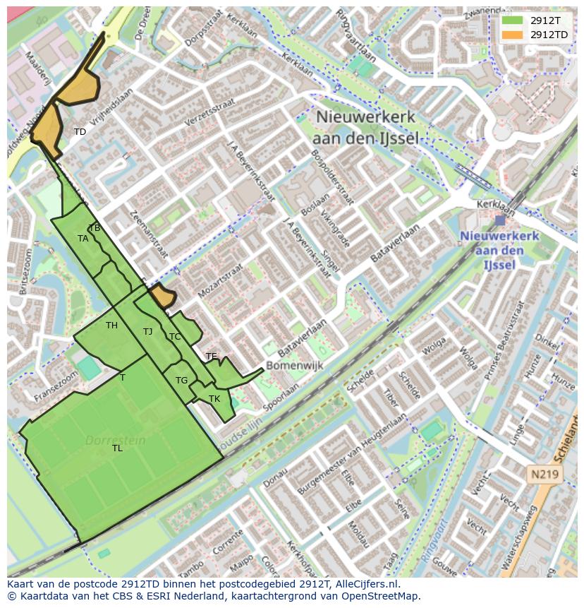 Afbeelding van het postcodegebied 2912 TD op de kaart.