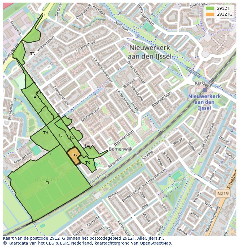 Afbeelding van het postcodegebied 2912 TG op de kaart.