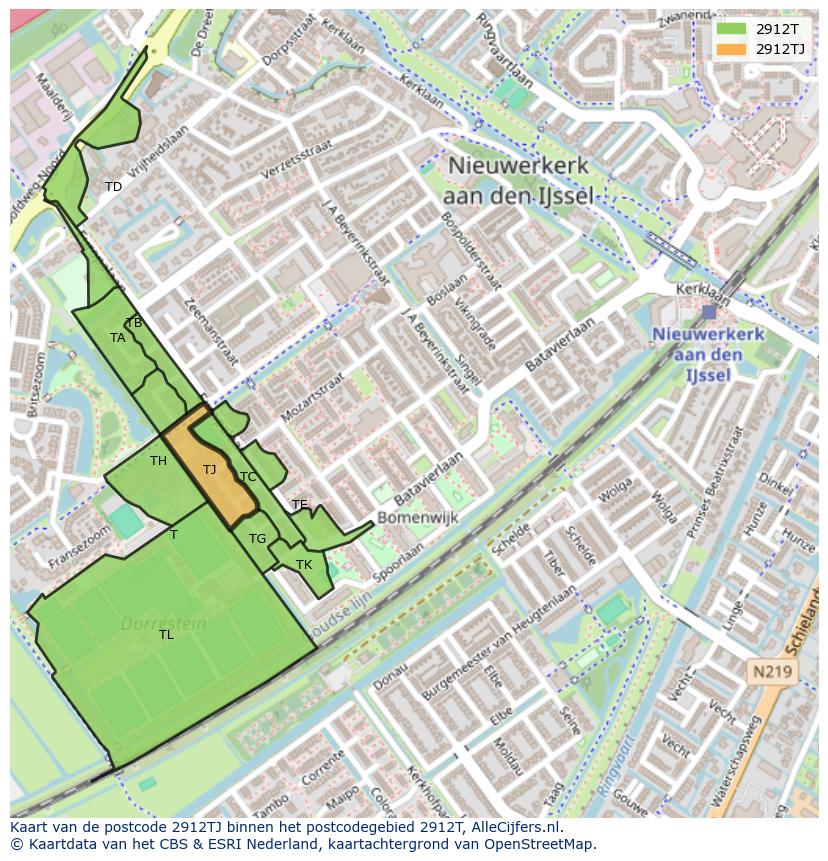 Afbeelding van het postcodegebied 2912 TJ op de kaart.