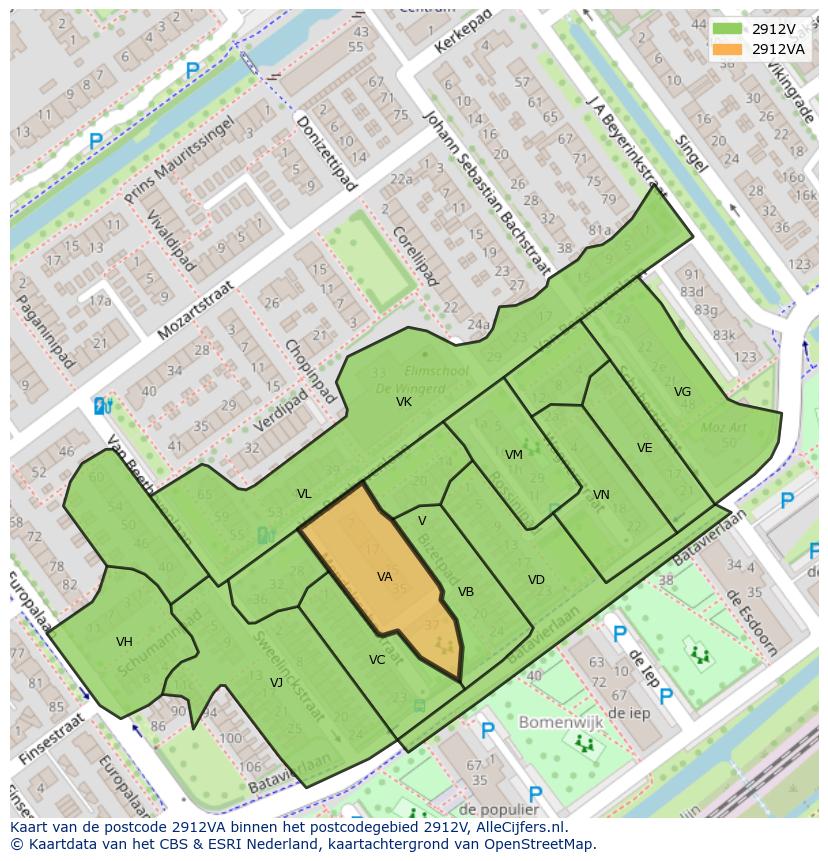 Afbeelding van het postcodegebied 2912 VA op de kaart.