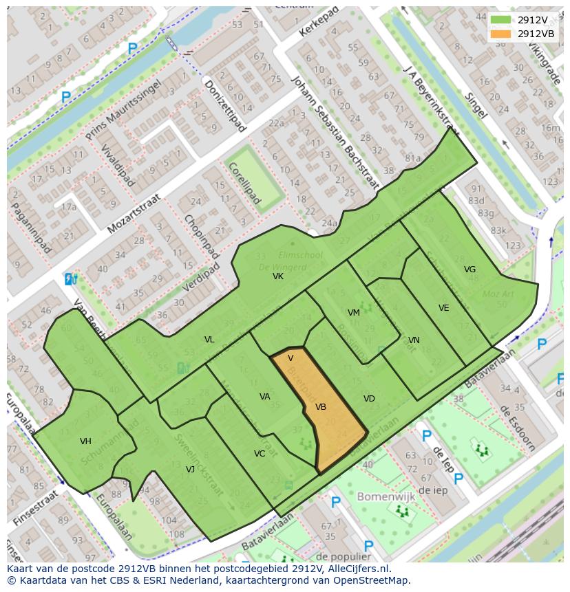 Afbeelding van het postcodegebied 2912 VB op de kaart.