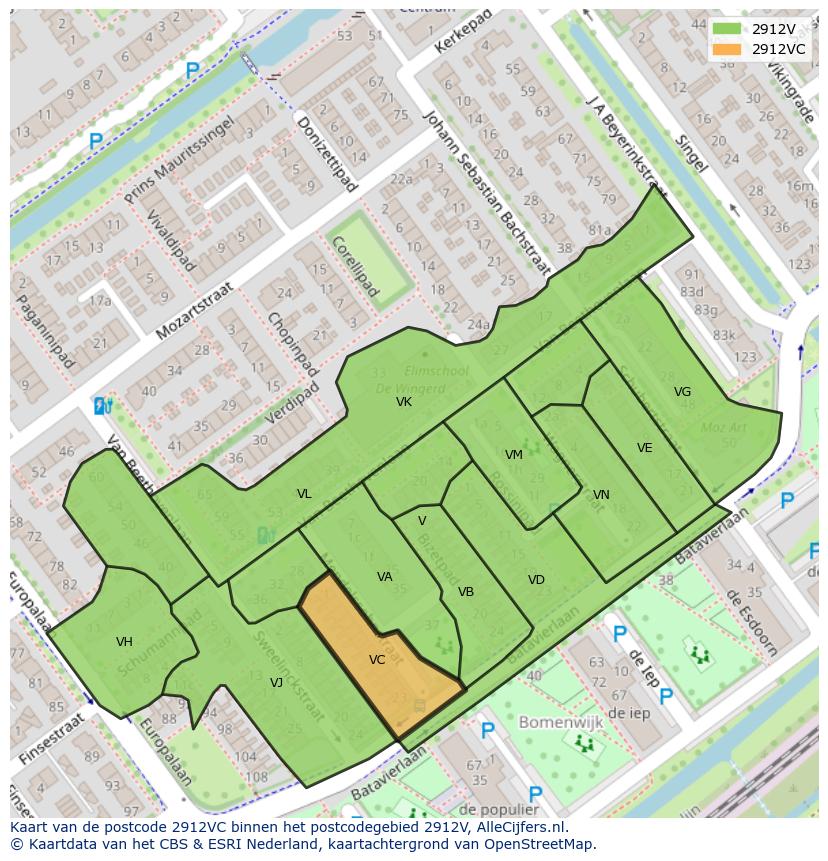 Afbeelding van het postcodegebied 2912 VC op de kaart.