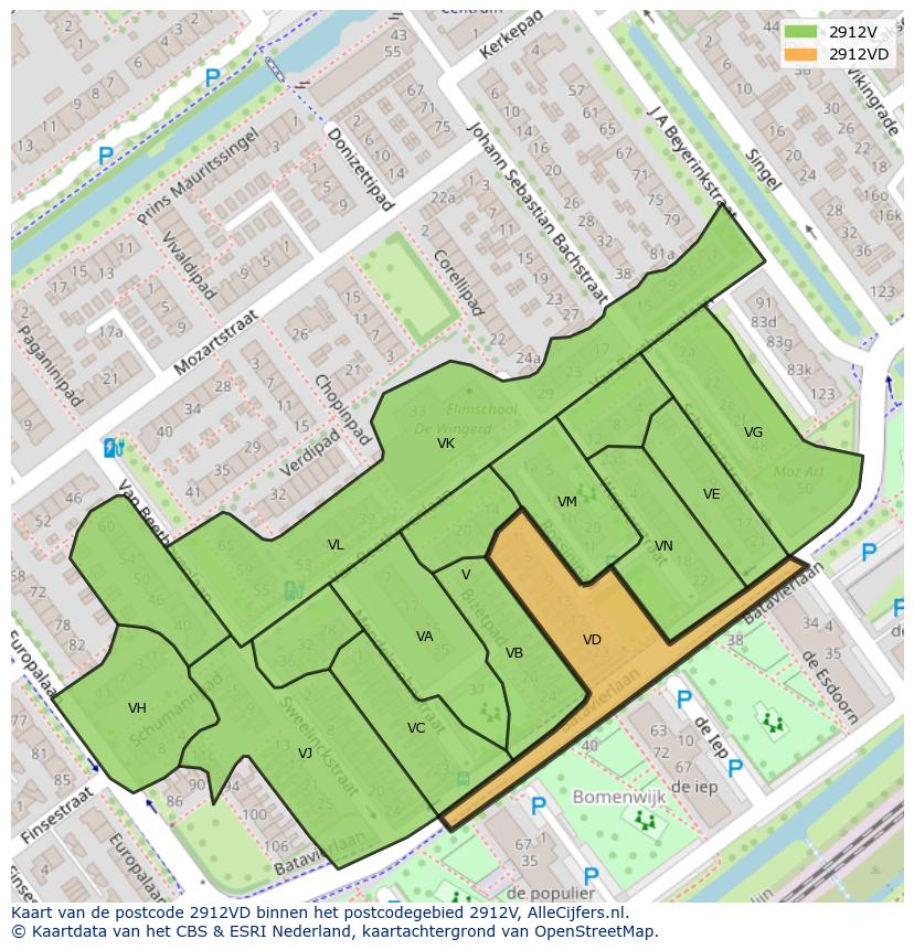 Afbeelding van het postcodegebied 2912 VD op de kaart.