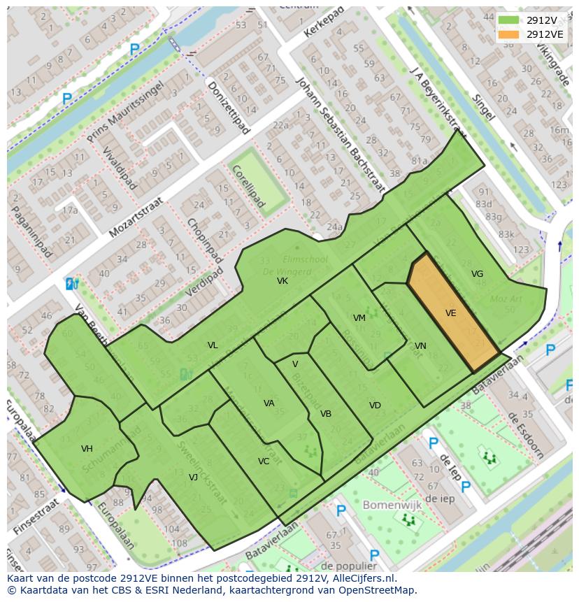 Afbeelding van het postcodegebied 2912 VE op de kaart.