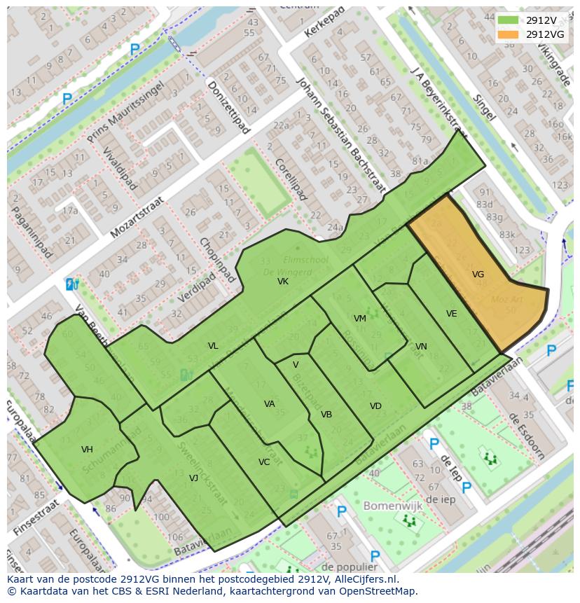 Afbeelding van het postcodegebied 2912 VG op de kaart.