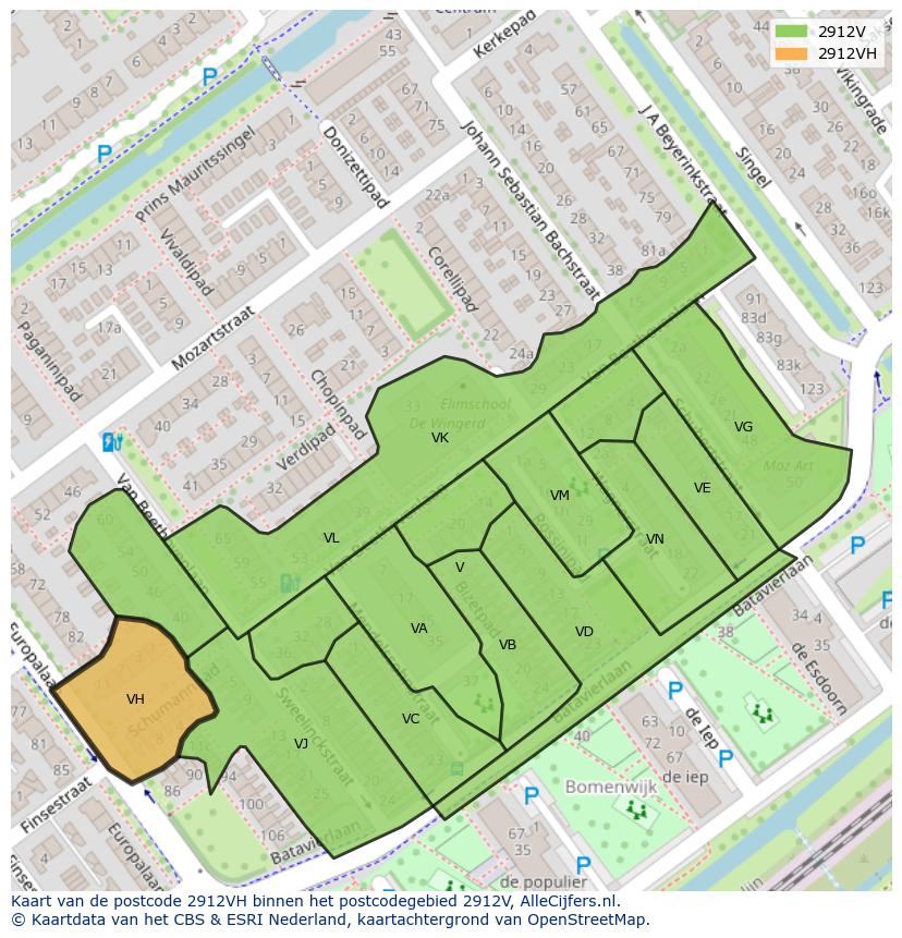 Afbeelding van het postcodegebied 2912 VH op de kaart.