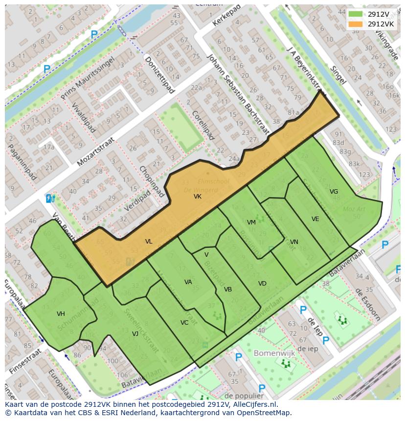 Afbeelding van het postcodegebied 2912 VK op de kaart.