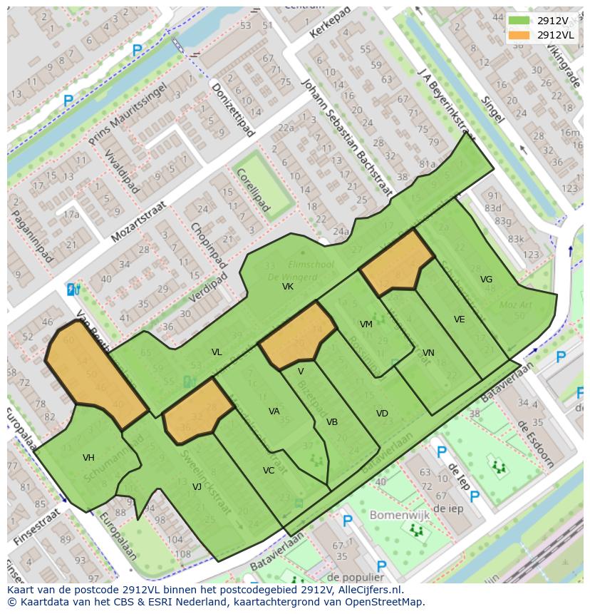 Afbeelding van het postcodegebied 2912 VL op de kaart.