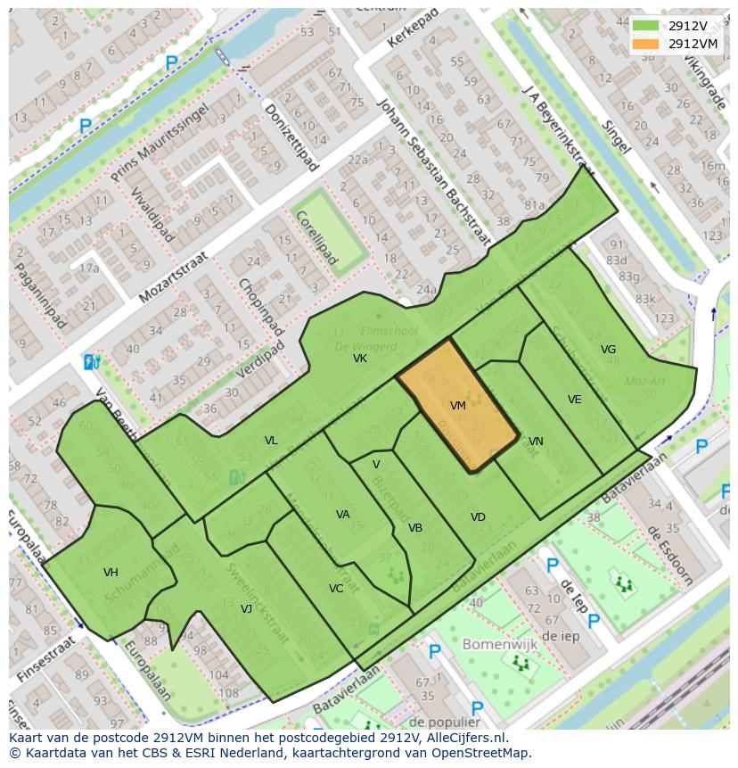 Afbeelding van het postcodegebied 2912 VM op de kaart.