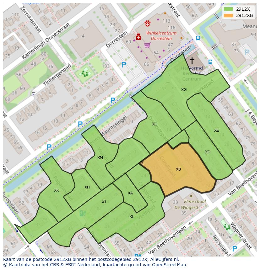 Afbeelding van het postcodegebied 2912 XB op de kaart.