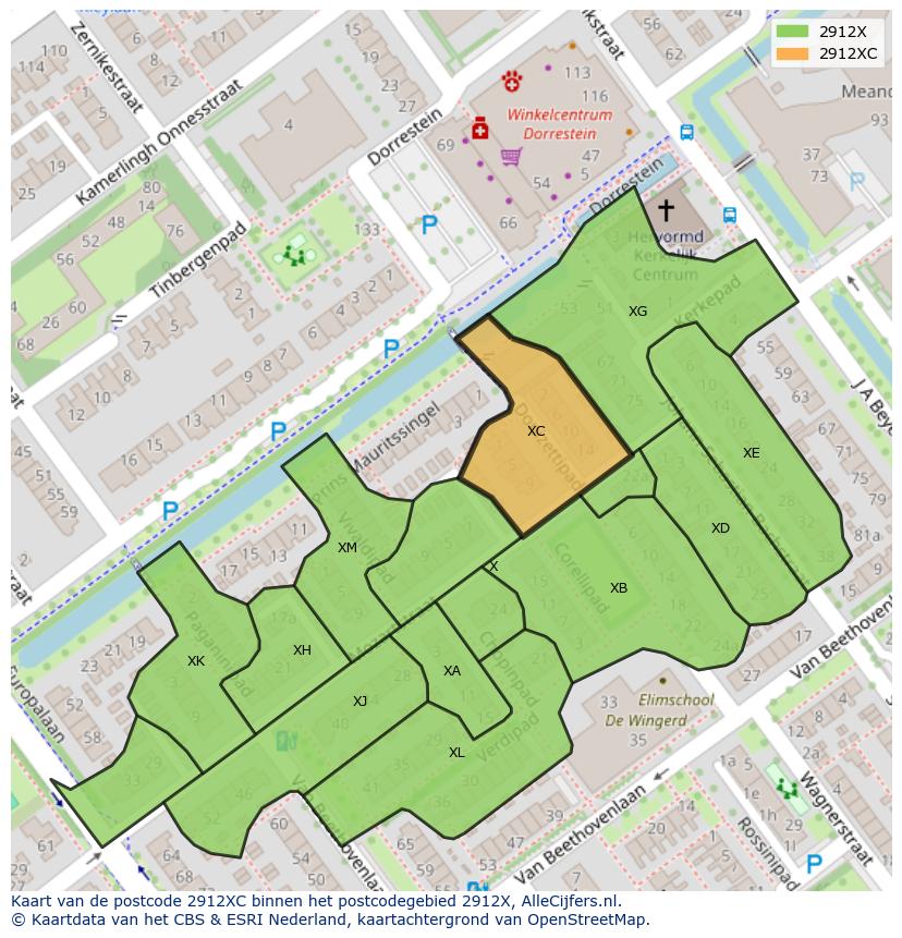 Afbeelding van het postcodegebied 2912 XC op de kaart.