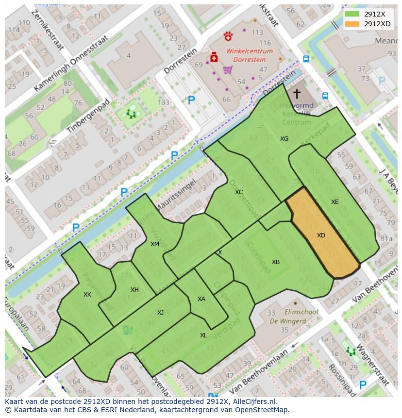 Afbeelding van het postcodegebied 2912 XD op de kaart.