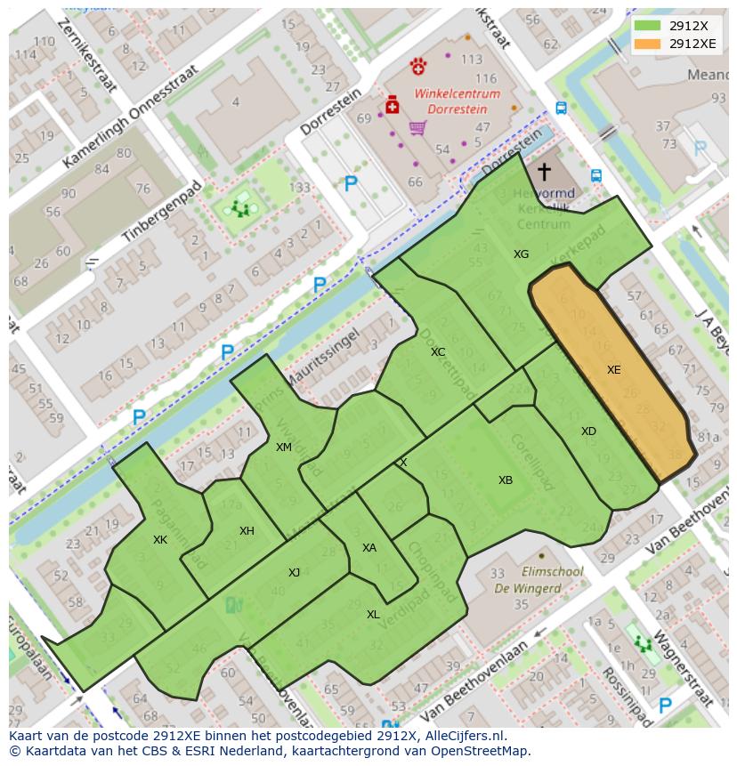 Afbeelding van het postcodegebied 2912 XE op de kaart.