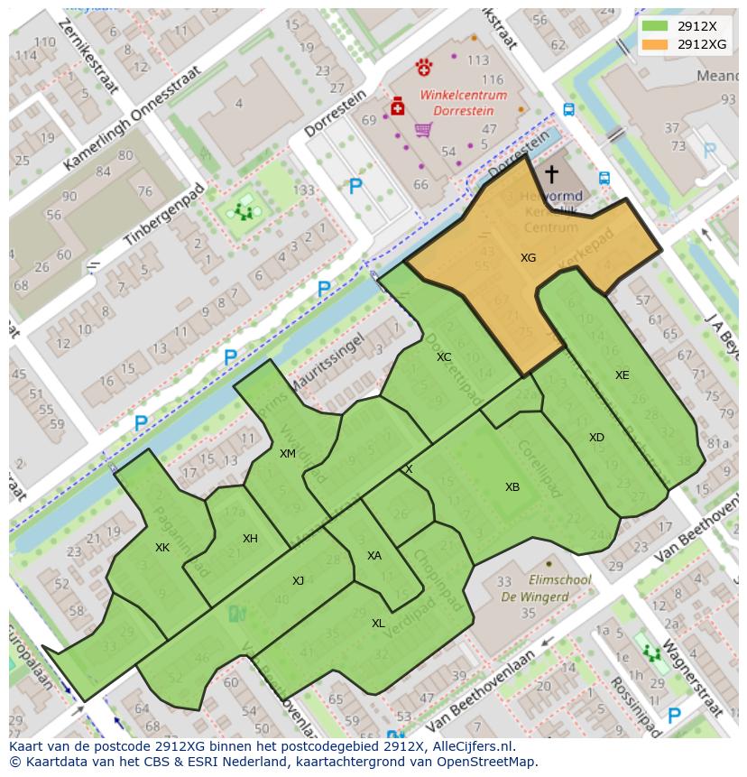 Afbeelding van het postcodegebied 2912 XG op de kaart.