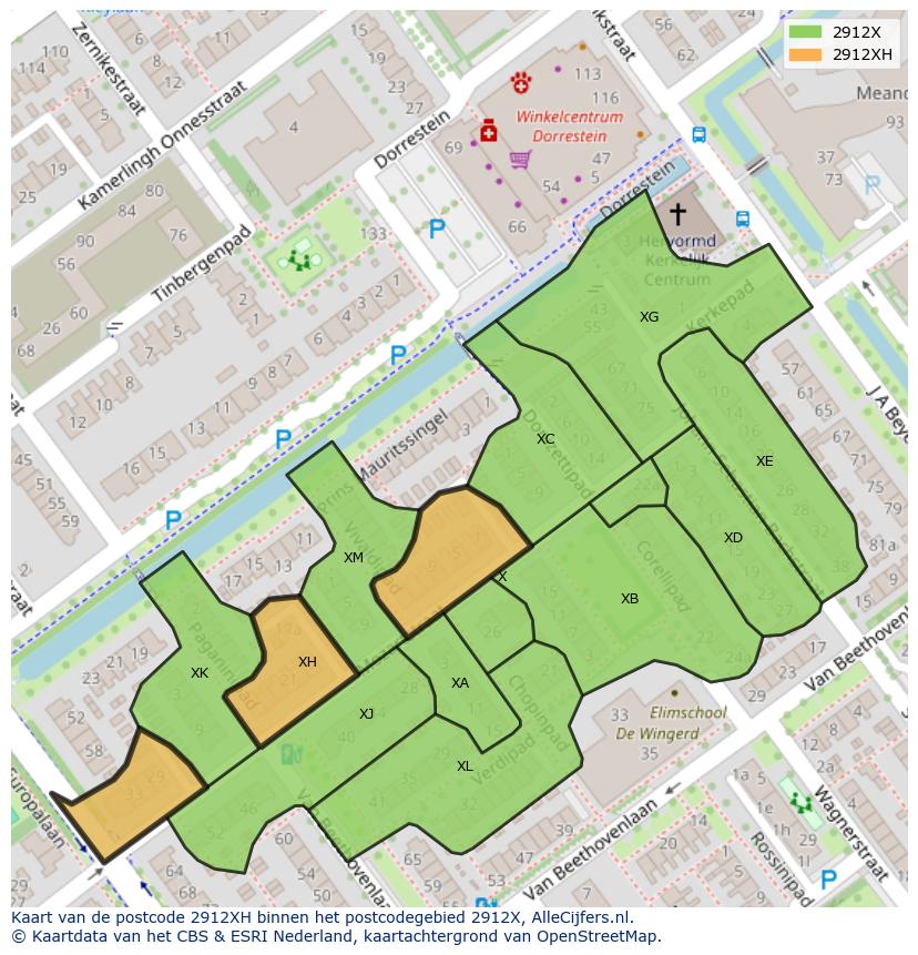 Afbeelding van het postcodegebied 2912 XH op de kaart.