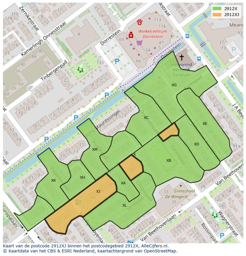 Afbeelding van het postcodegebied 2912 XJ op de kaart.