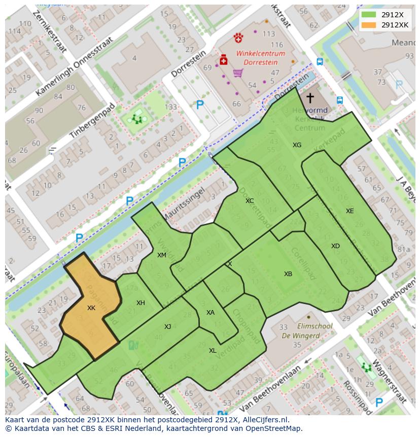 Afbeelding van het postcodegebied 2912 XK op de kaart.