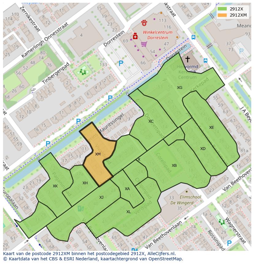 Afbeelding van het postcodegebied 2912 XM op de kaart.