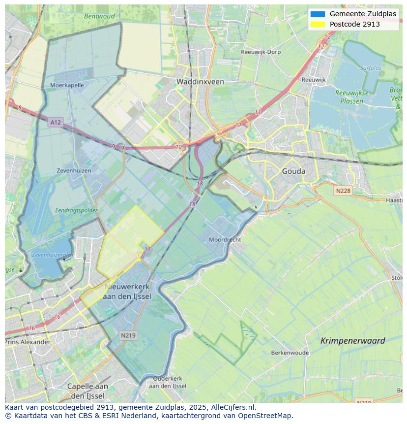 Afbeelding van het postcodegebied 2913 op de kaart.
