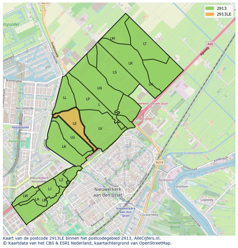 Afbeelding van het postcodegebied 2913 LE op de kaart.