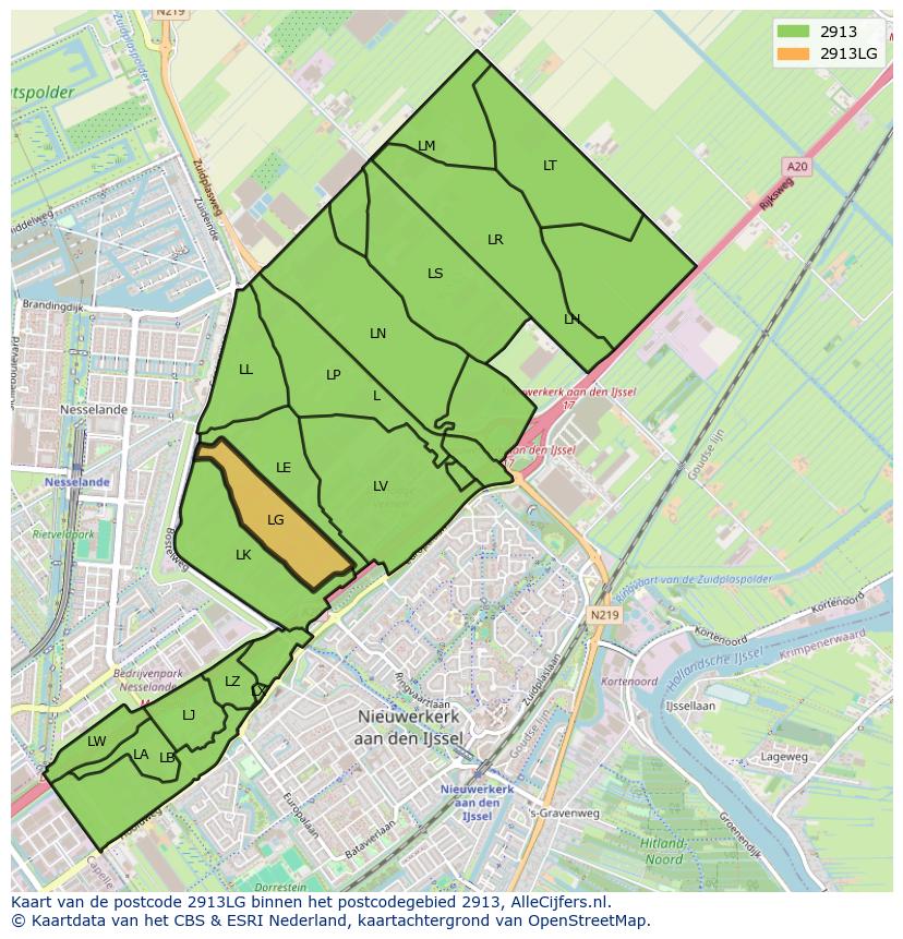 Afbeelding van het postcodegebied 2913 LG op de kaart.