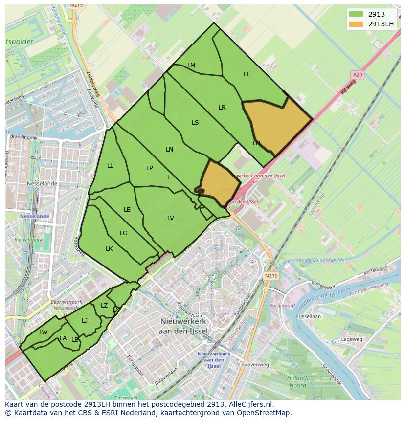 Afbeelding van het postcodegebied 2913 LH op de kaart.