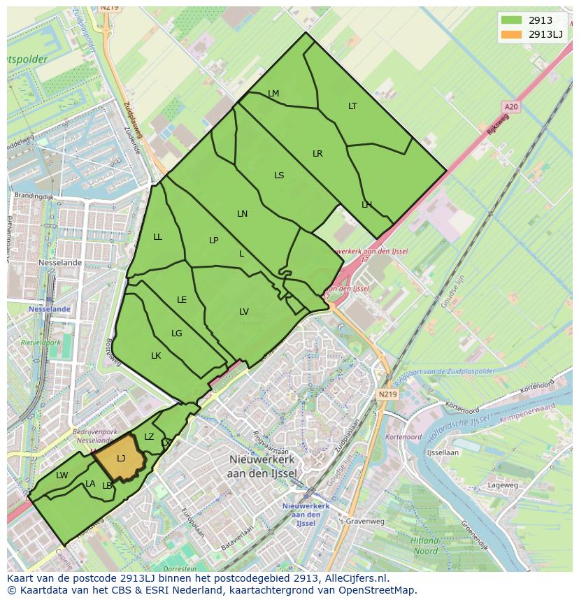 Afbeelding van het postcodegebied 2913 LJ op de kaart.