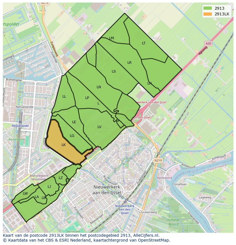 Afbeelding van het postcodegebied 2913 LK op de kaart.