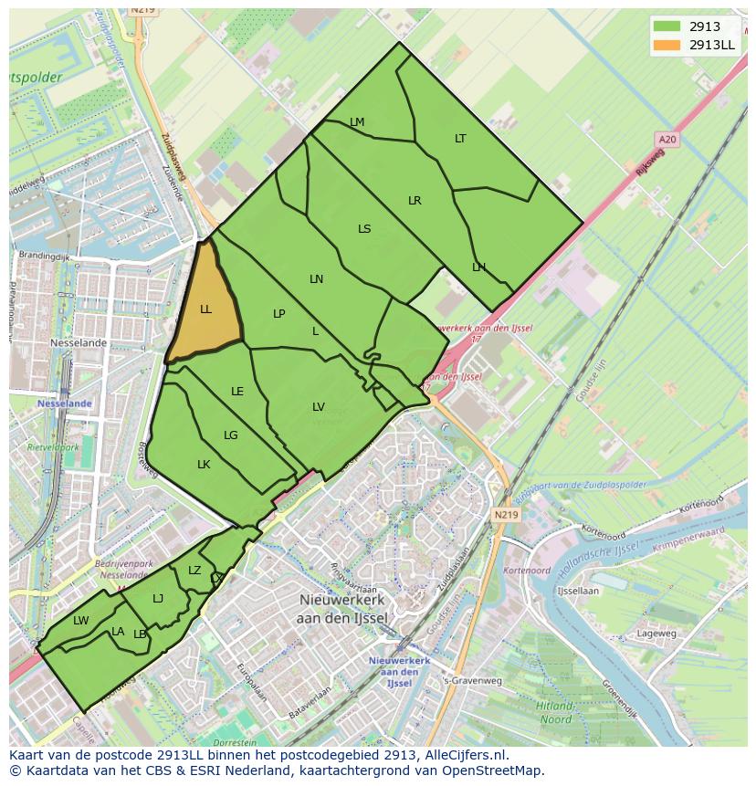 Afbeelding van het postcodegebied 2913 LL op de kaart.