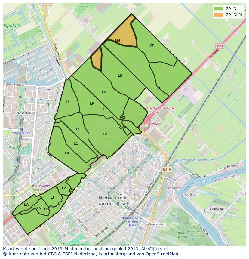 Afbeelding van het postcodegebied 2913 LM op de kaart.