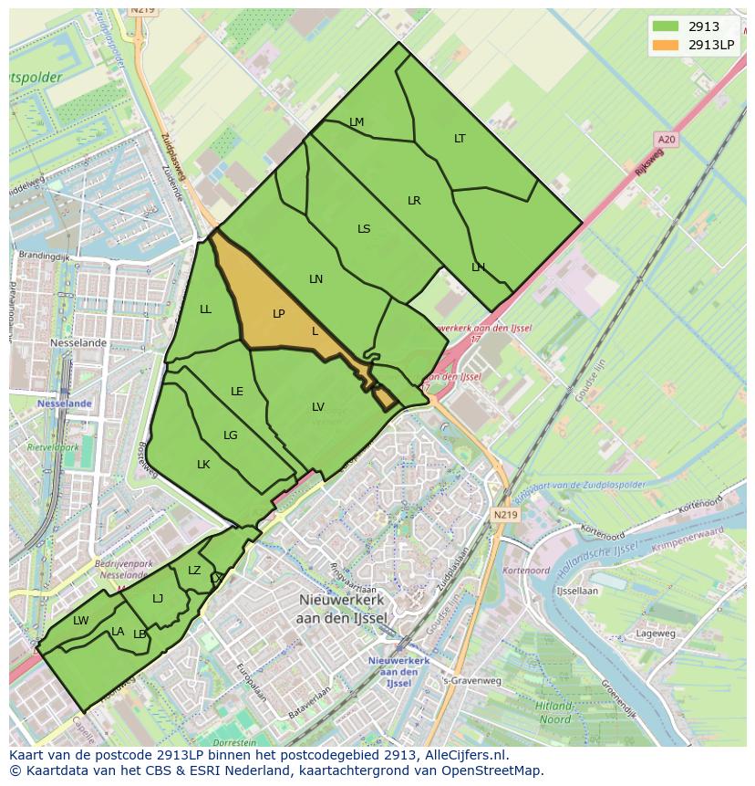 Afbeelding van het postcodegebied 2913 LP op de kaart.