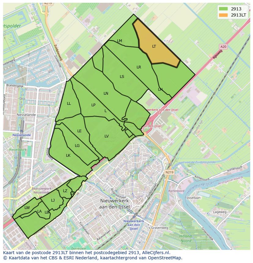 Afbeelding van het postcodegebied 2913 LT op de kaart.