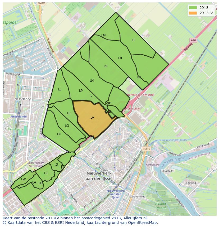 Afbeelding van het postcodegebied 2913 LV op de kaart.
