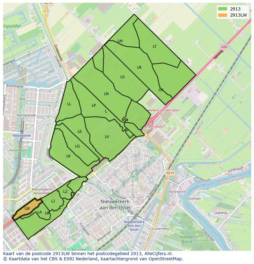 Afbeelding van het postcodegebied 2913 LW op de kaart.