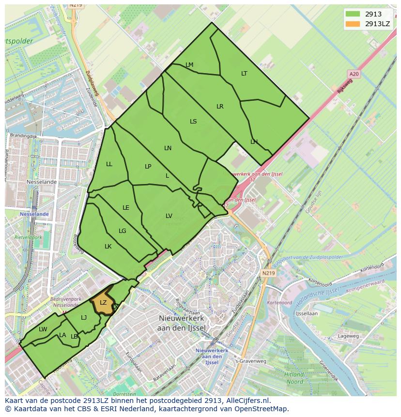 Afbeelding van het postcodegebied 2913 LZ op de kaart.