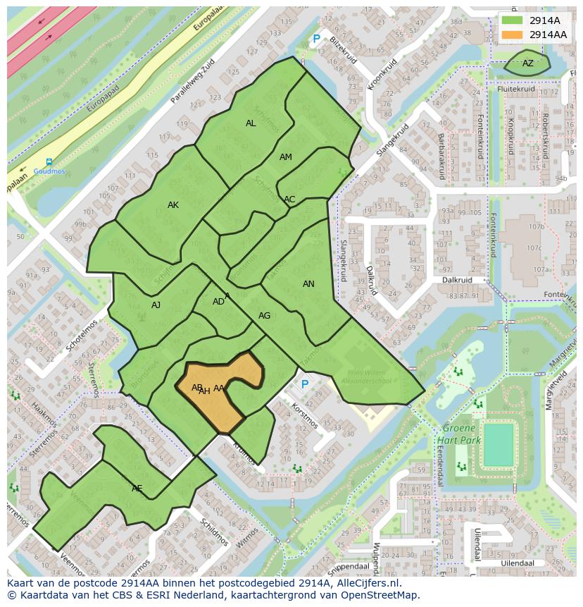 Afbeelding van het postcodegebied 2914 AA op de kaart.