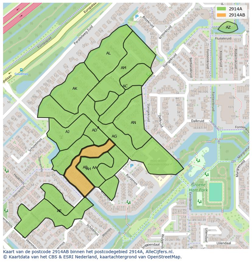 Afbeelding van het postcodegebied 2914 AB op de kaart.