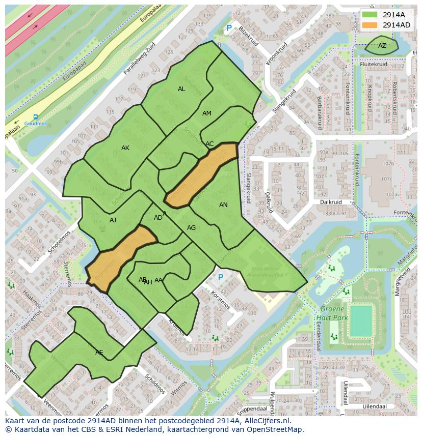 Afbeelding van het postcodegebied 2914 AD op de kaart.