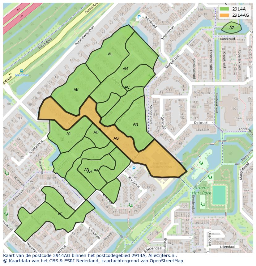 Afbeelding van het postcodegebied 2914 AG op de kaart.