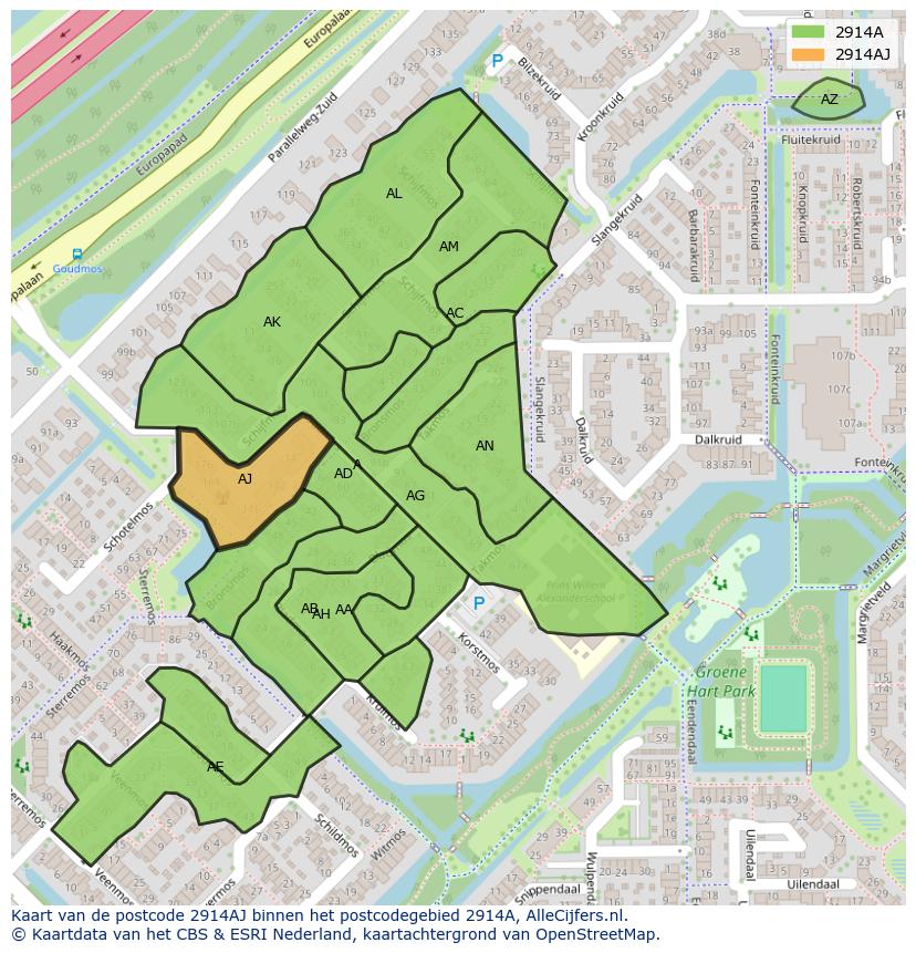 Afbeelding van het postcodegebied 2914 AJ op de kaart.